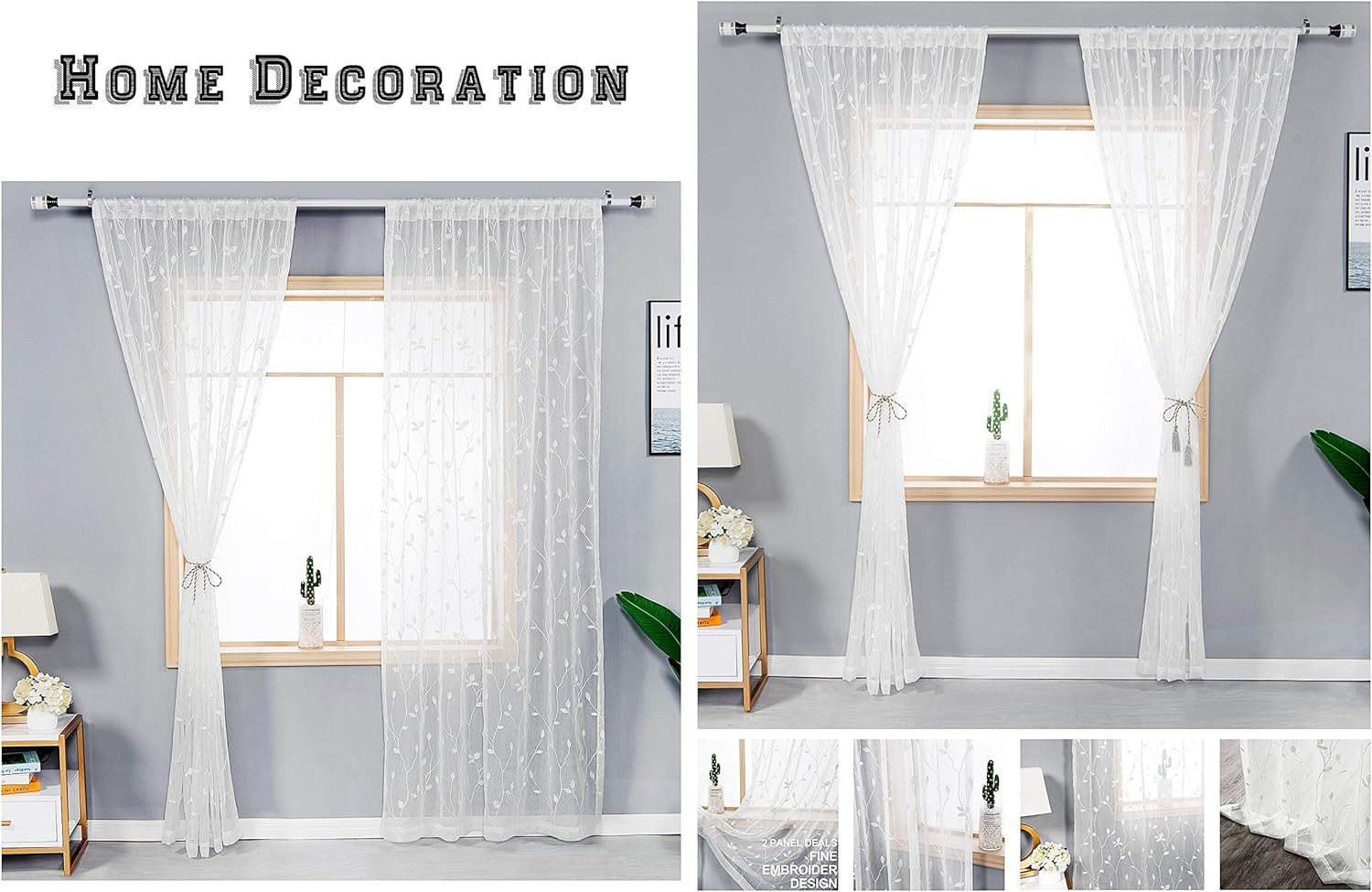2 Panels Embroidered Leaf Pattern Semi Sheer Curtains Foliage Floral Voile Windo
