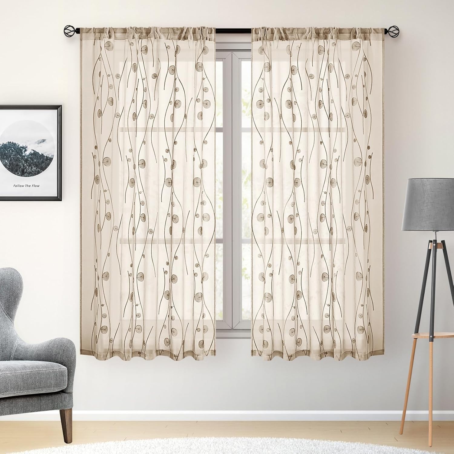 HOMEIDEAS Taupe Sheer Curtains 52 X 63 Inches Length 2 Panels Beige Embroidered
