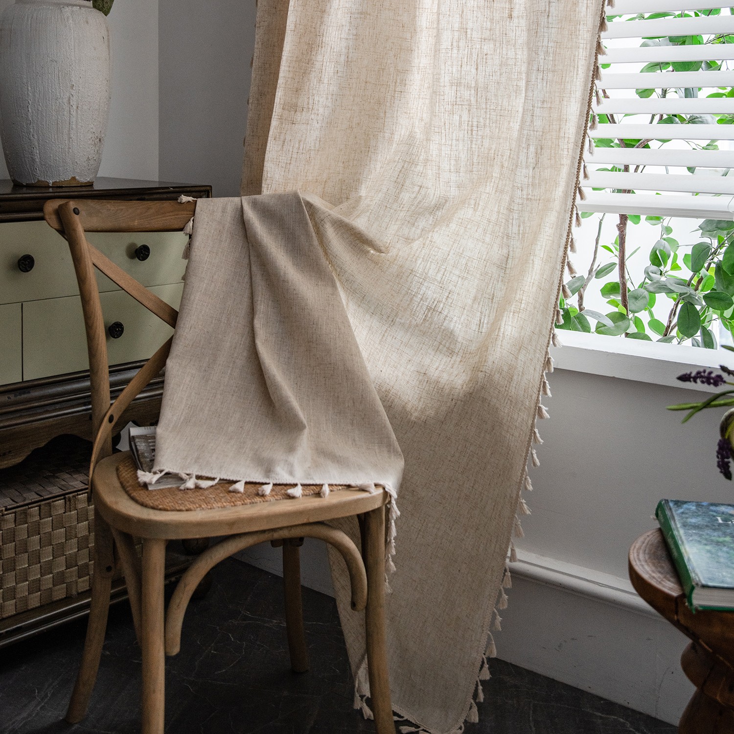 Boho Beige Curtains 94 In Long Bohemia Linen Curtains for Bedroom Living Room