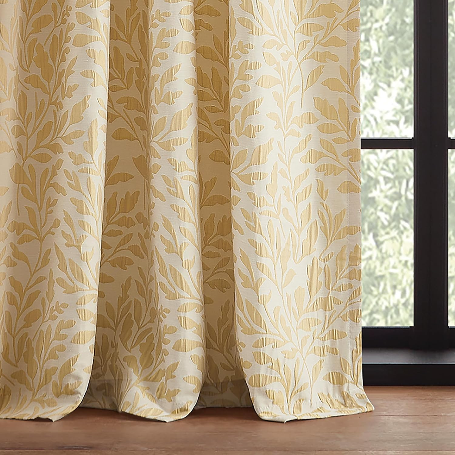 Vineyard Leaf Print Gold Light Filtering Curtains, 95″ Panel Pair