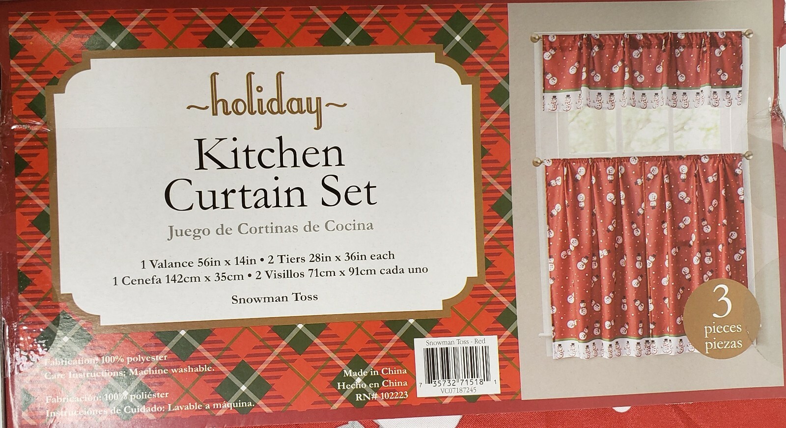 3pc Curtains Printed Set: 2 Tiers (28″)& Valance (56″x14″)SNOWMEN ON RED,Holiday