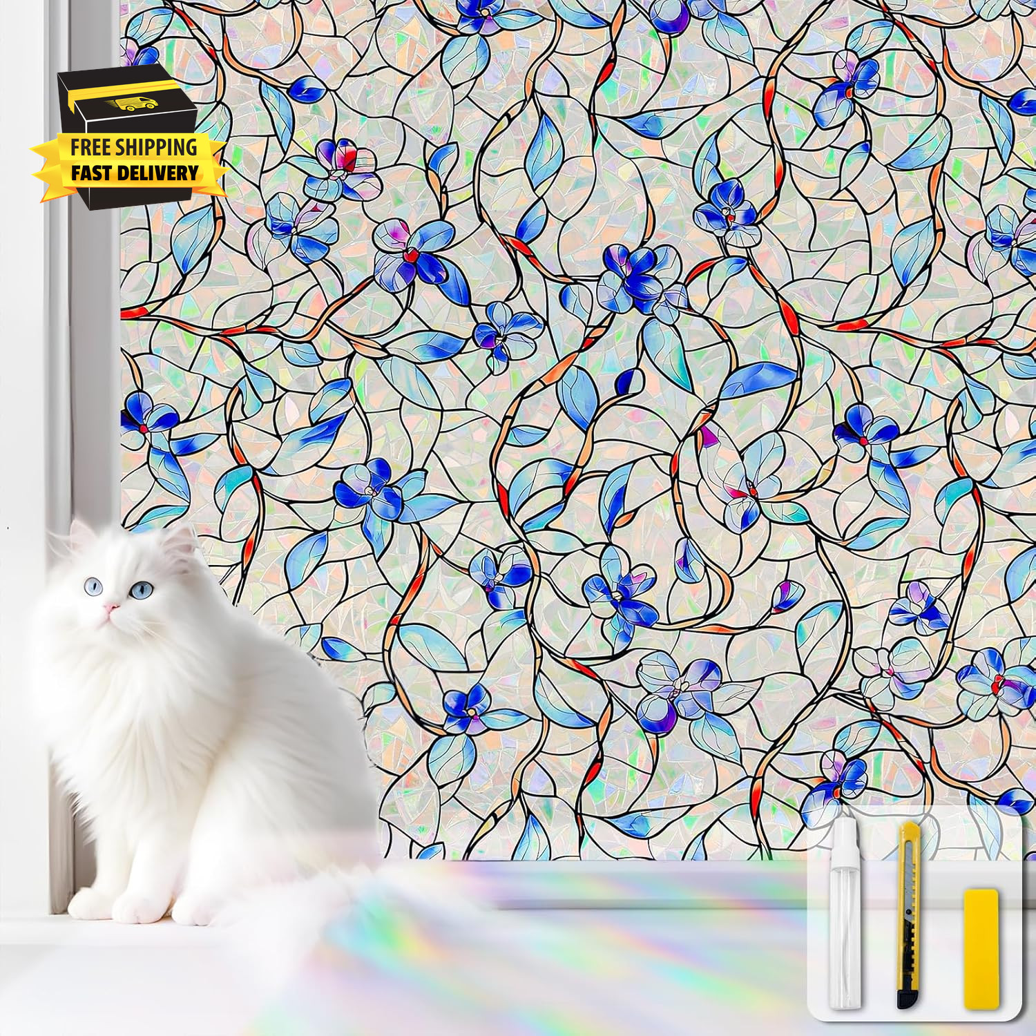 Window Privacy Film Stained Glass Decorative Static Clings Rainbow Window Tint f