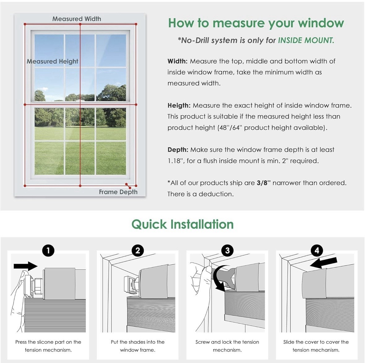 Cordless Cellular Shades, Light Filtering Honeycomb Shades, 26″ W x 48″ H, White