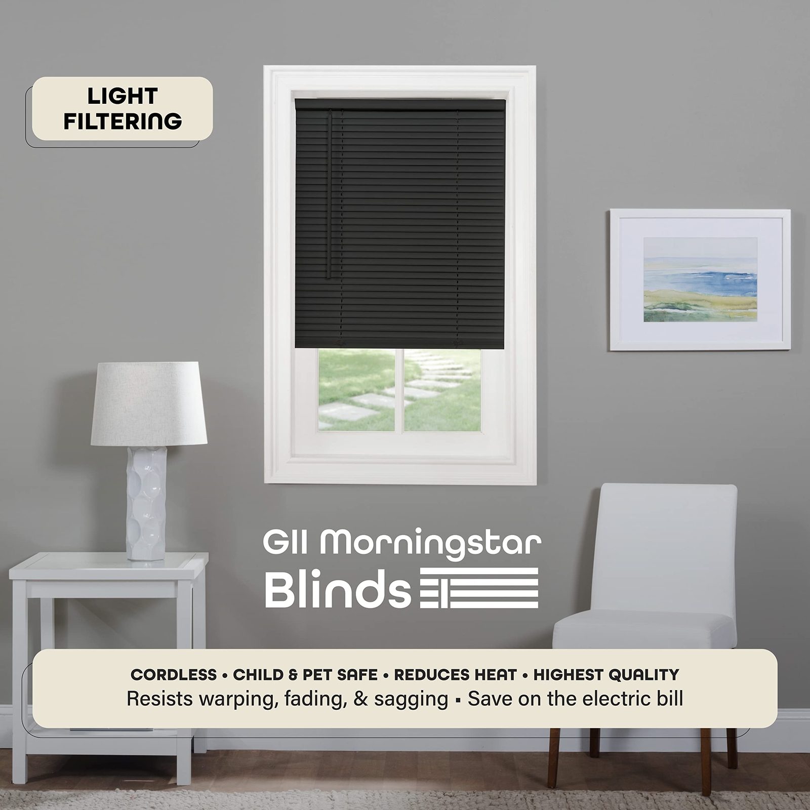CORDLESS LIGHT FILTERING MINI BLIND 27 INCH WIDTH 48 INCH LENGTH 1″ SLAT SIZE BL