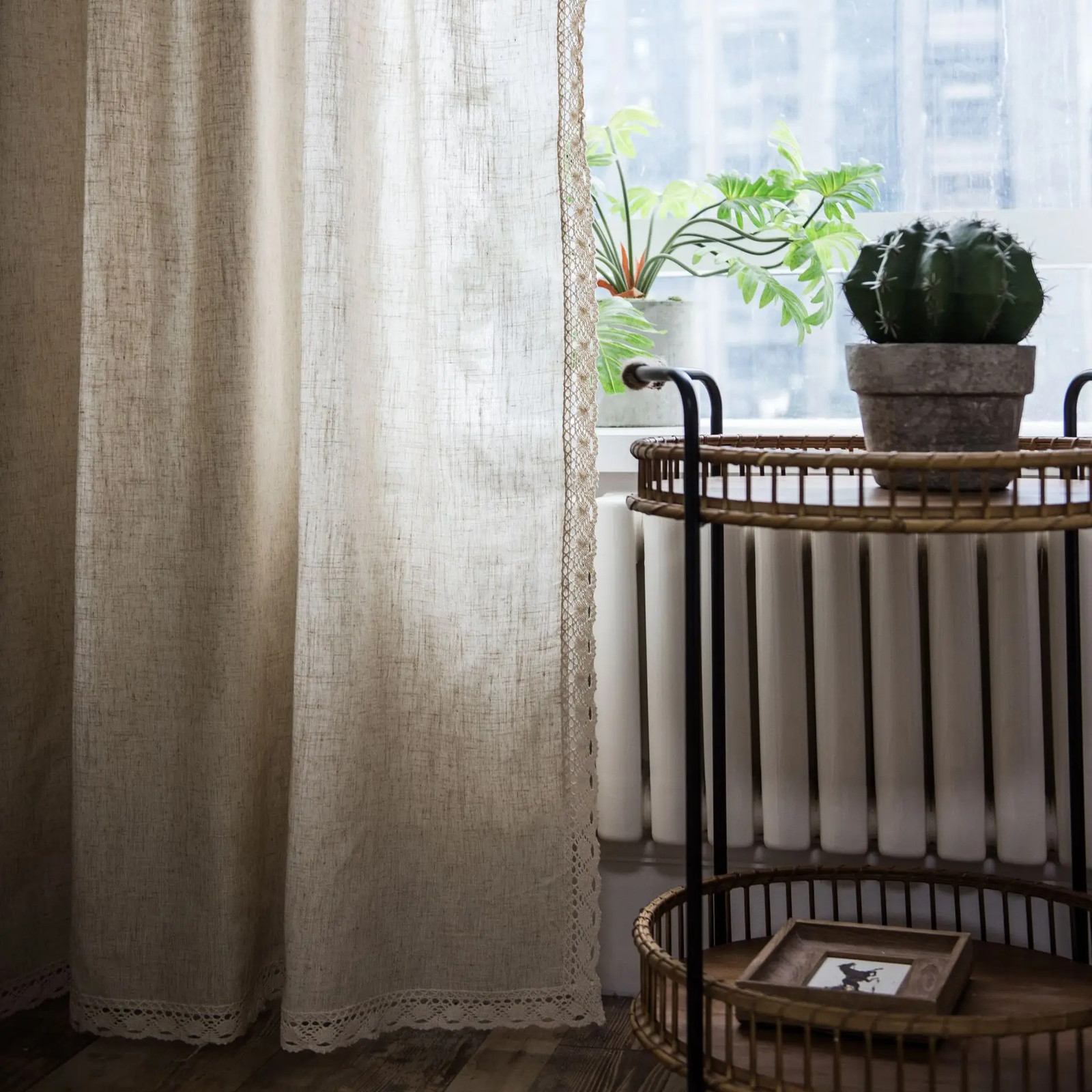 Linen Semi Blackout Curtain 1 Panel Handmade Cotton Burlap Stitching Lace Tassel