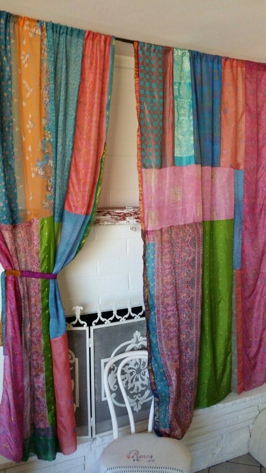 2 Pc Indian Saree Patchwork Curtain Drape Window Decor Multi Silk Sari Curtain