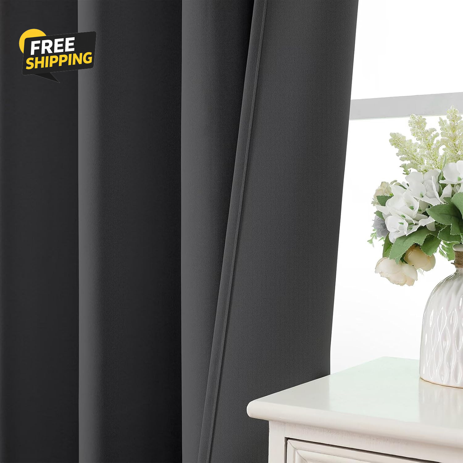 Dark Grey Blackout Curtains 54 Inch Length 2 Panels Set, Rod Pocket Room