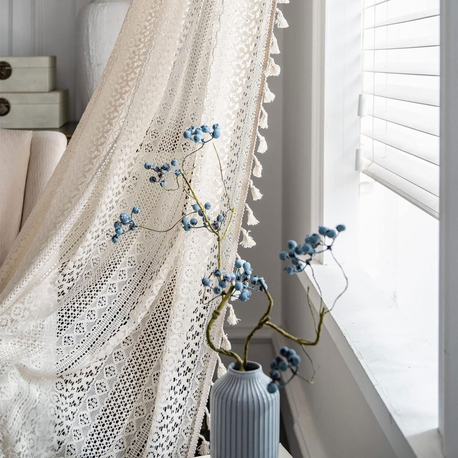 Crochet Lace Curtain Panels Window Drapes Bedroom Living Room Rod Pocket Rustic