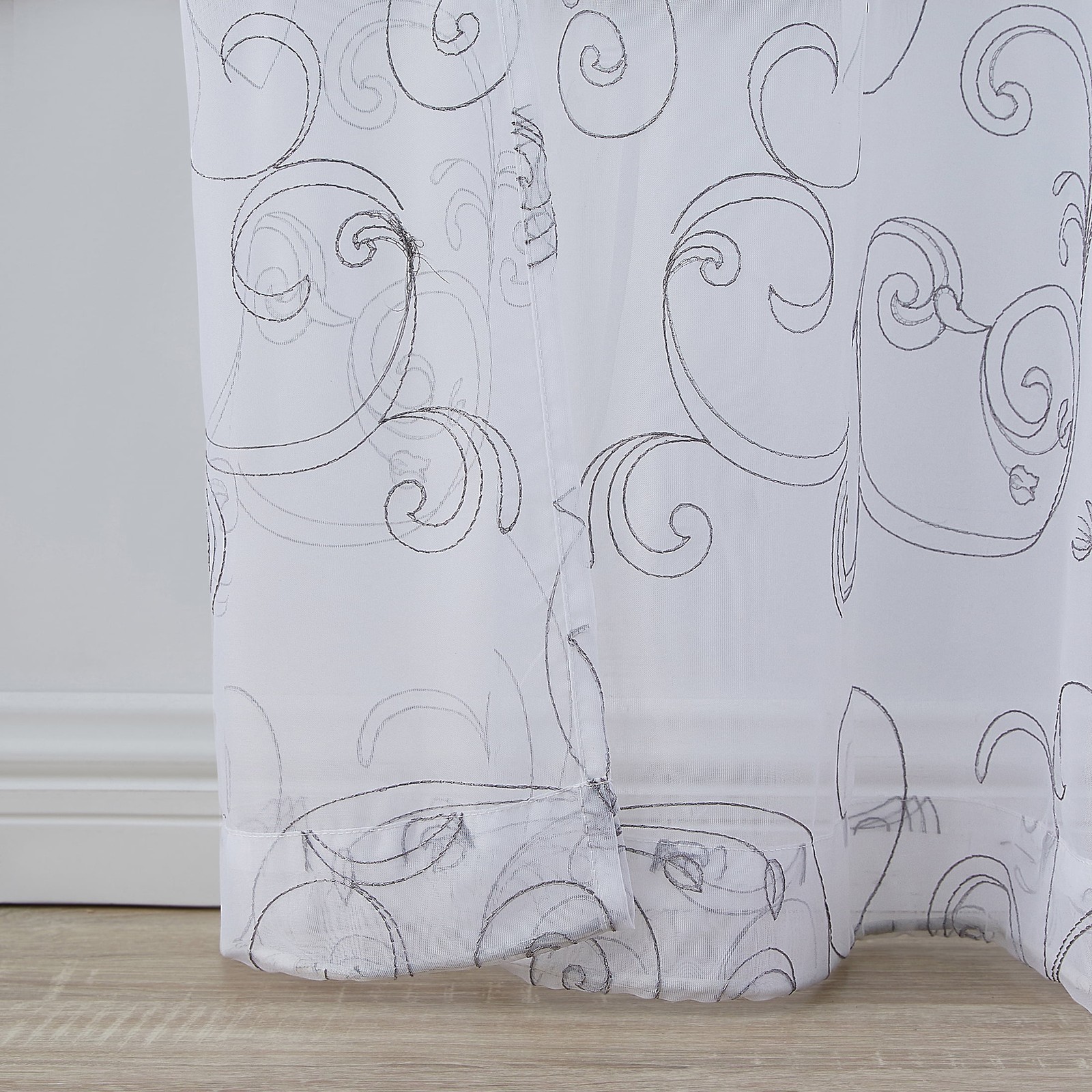 Scroll Rod Pocket Sheer Curtain Panel, 1-Piece, White/Grey, 38″ W x 63″ L