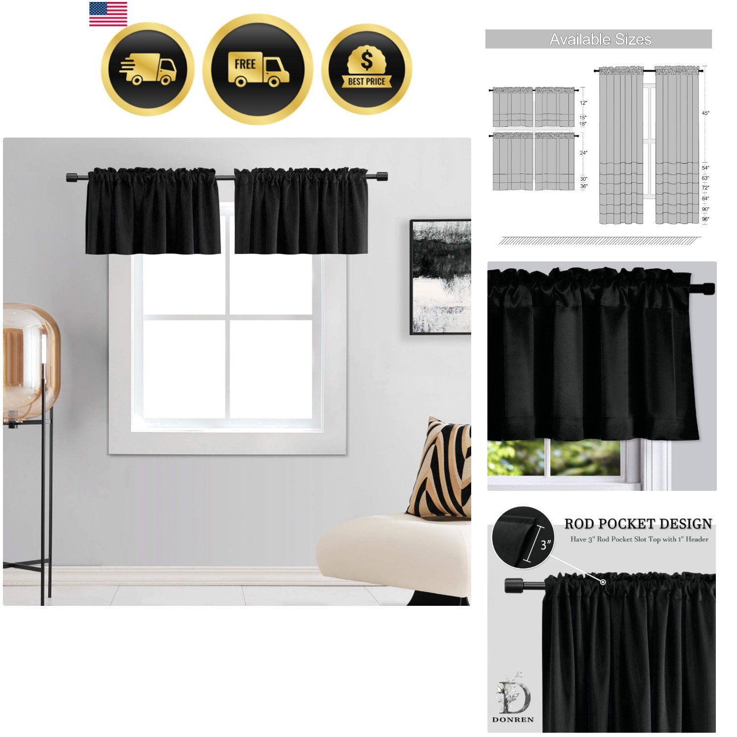 12 Inches Long Black Valances for Windows – 2 Panels Blackout Window Valances…