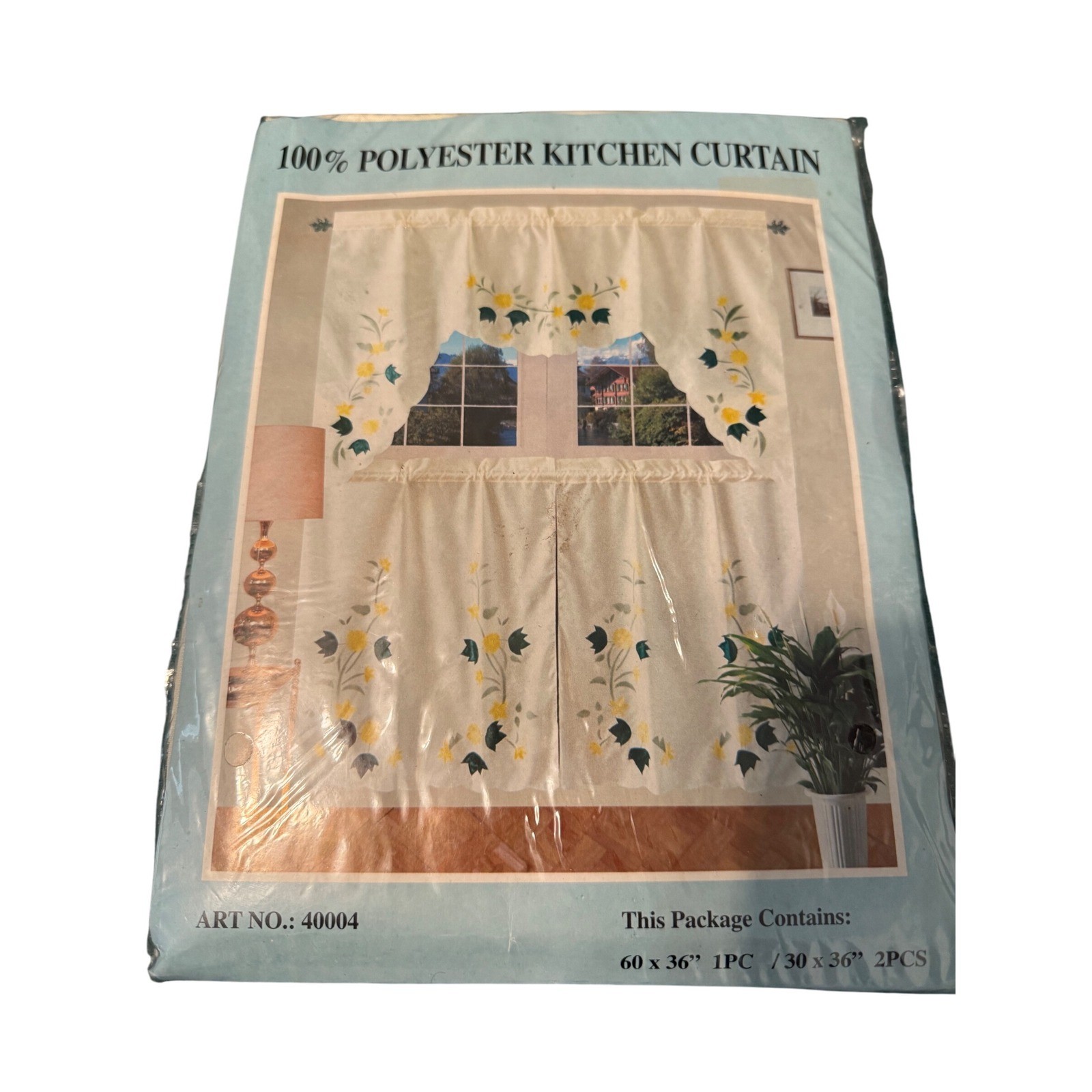 100 Percent Polyester Kitchen 3 pc Curtain Set Floral Yellow Blue Art 40004 New