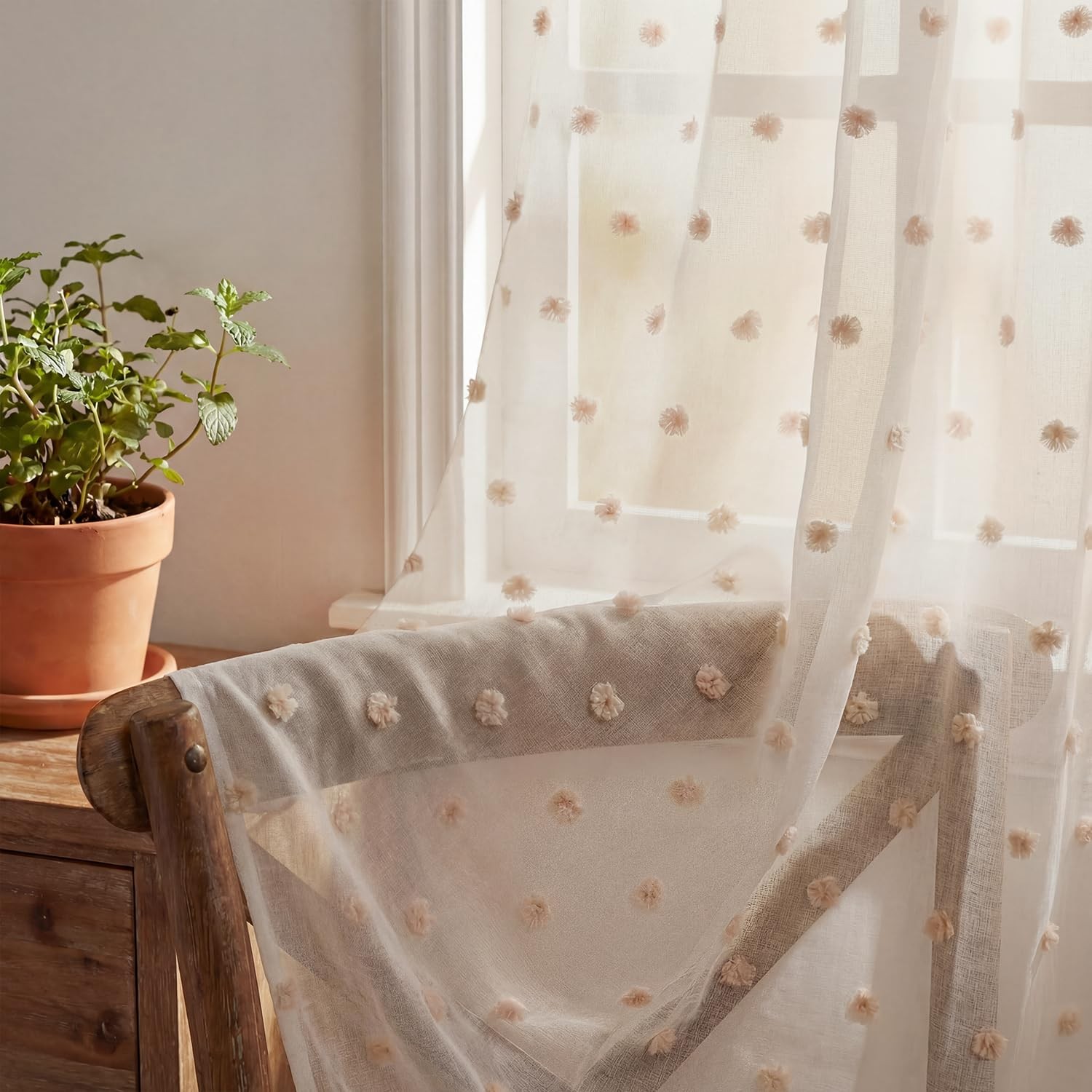 Horaldaily 2Pcs Apricot Sheer Curtains 52x63in, Apricot Pom Pom, Boho | Farmh…