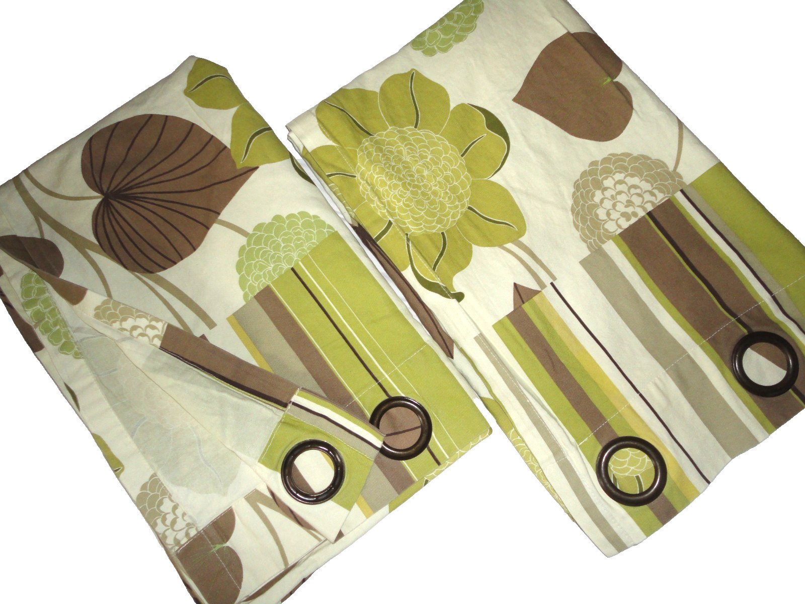 PIER 1 IMPORTS DELILAH GREEN BROWN FLORAL LEAVES STRIPE (2) PANELS CURTAIN 53X83