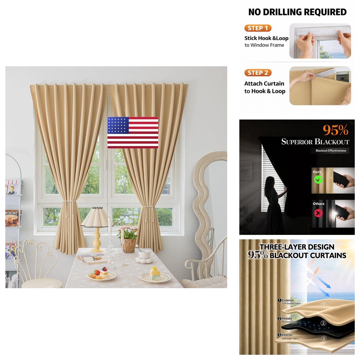 Jilron Magic Tape Blackout Curtains Beige 59×71 L 2 Panels for Bedroom Small