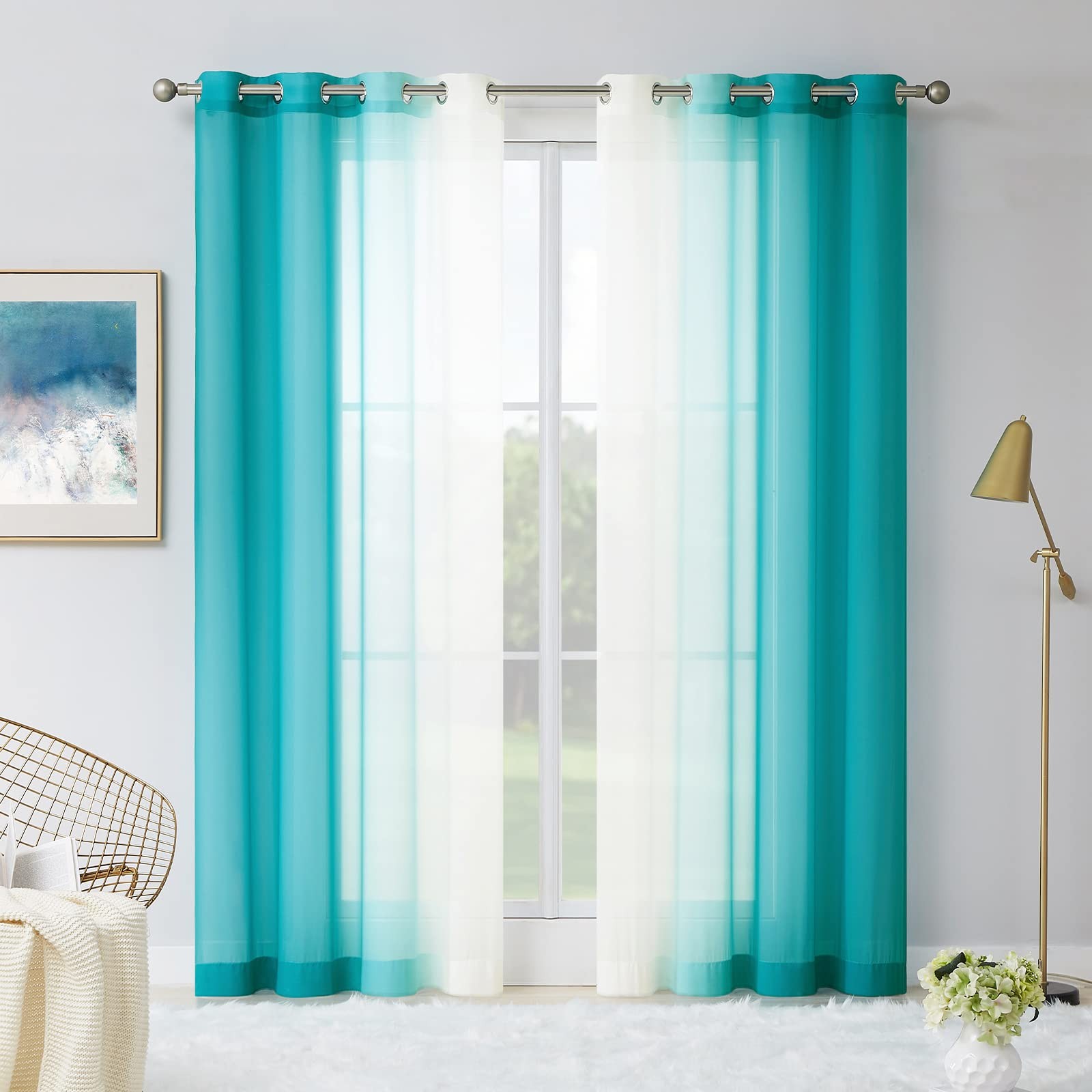 Teal Ombre Sheer Curtains 96 Inches Long for Living Room, Bedroom Chiffon Tea…