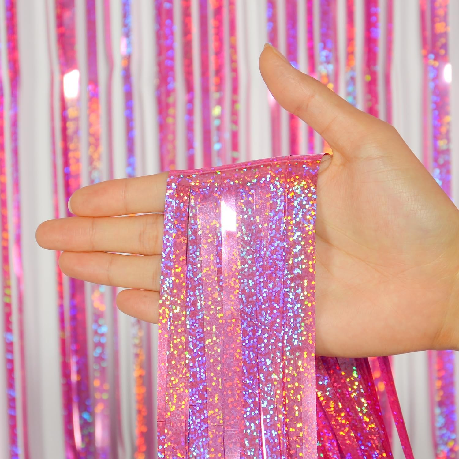 Pink Tinsel Curtains Backdrop, 3.2 Ft X 8.2 Ft Sparkle Metallic Foil Curtains fo