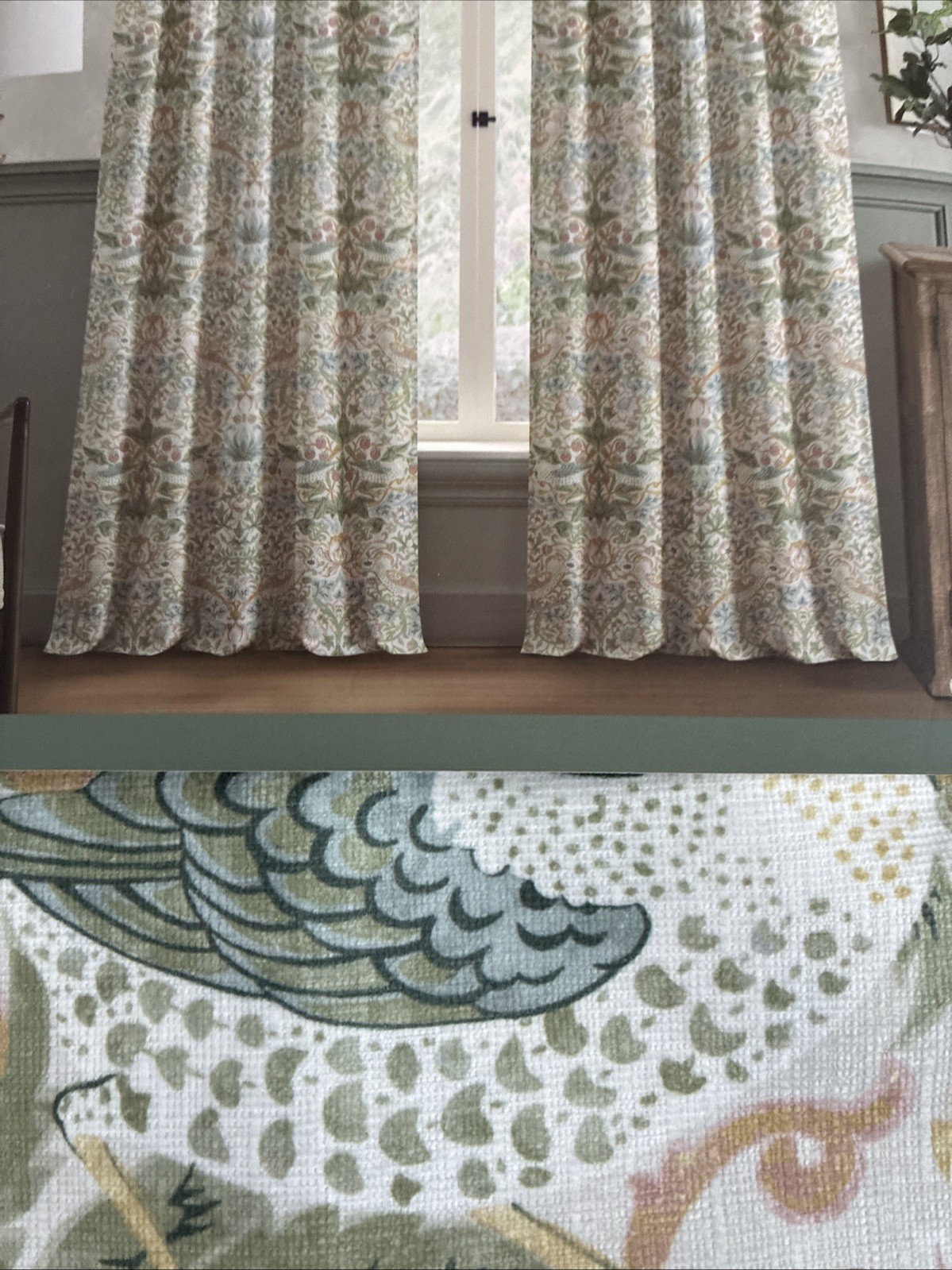 New Morris & Co Strawberry Thief 2 Pack Window Curtain Sage Green (37 x 96″)