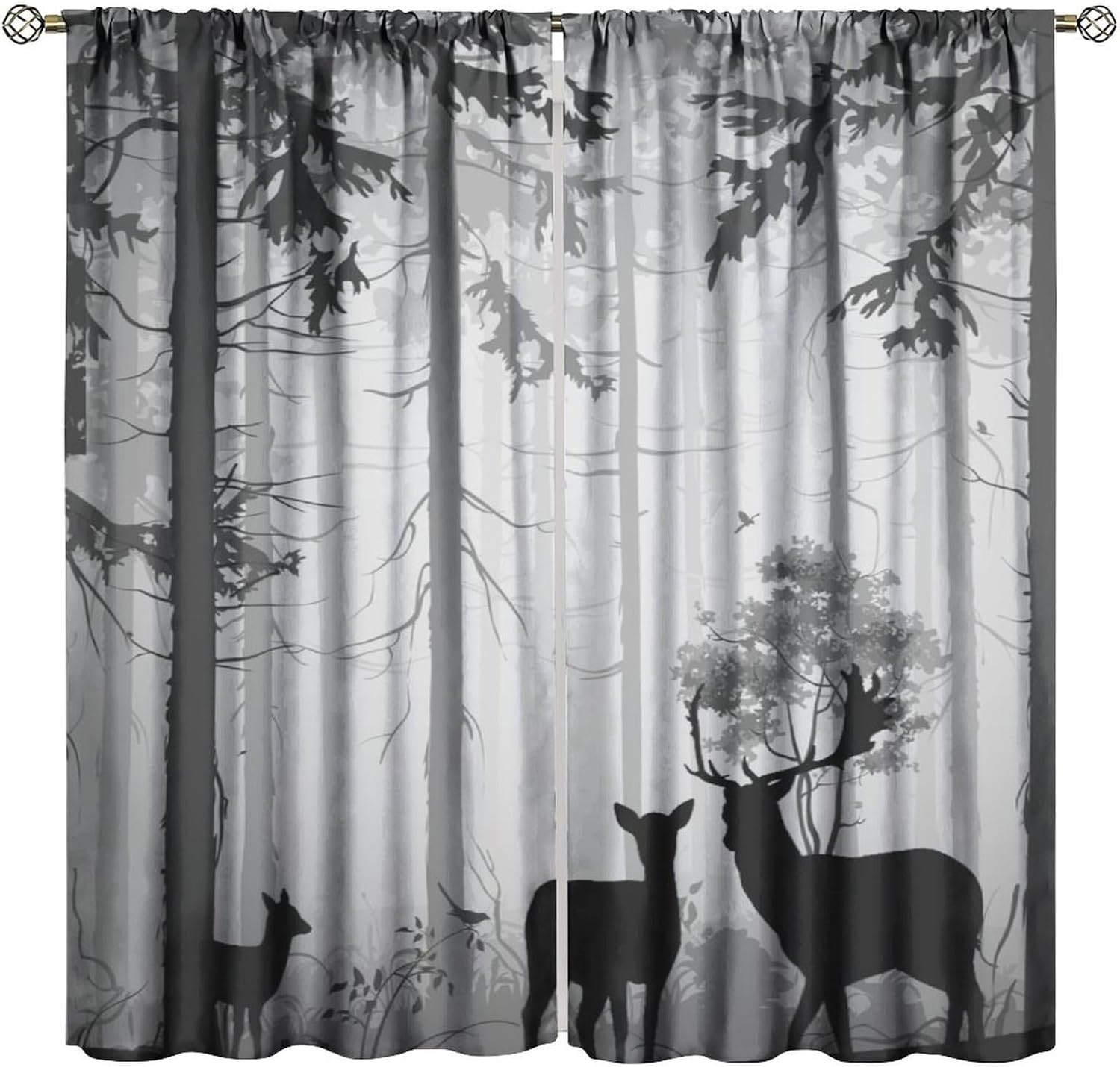 Deer Curtain, Rustic Woodland Misty Elk Wildlife Country Cabin Window Drapes for