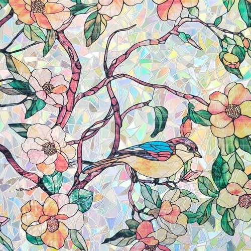 Window Privacy Film, Stained Glass 17.5″ x 78.7″ Blooms & Birds Paradise