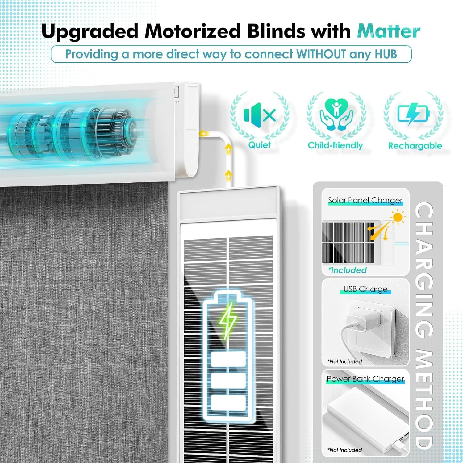 Smart Motorized Blackout Blinds with Remote & Solar Panel, Grey 27×72