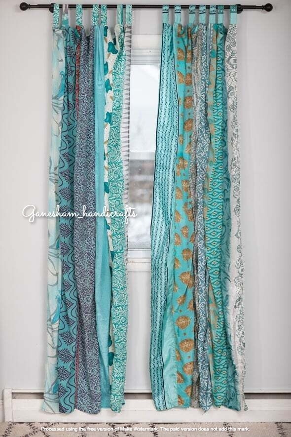 2 Pcs Indian Vintage Silk Saree Curtain Window Decor Panel Drapes Multi Curtain