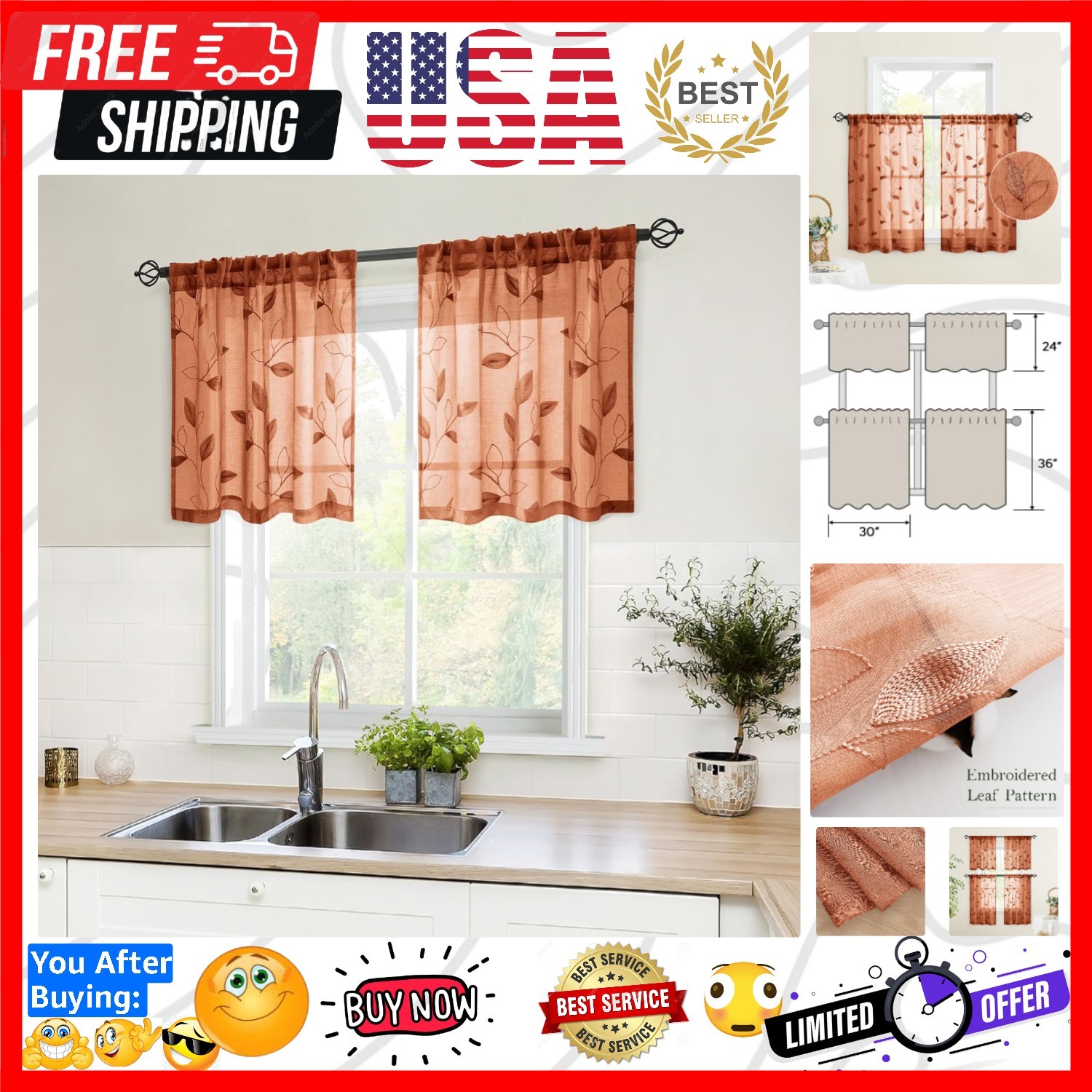 Fall Burnt Orange Sheer Kitchen Curtains 30 X 24 Inch Length 2 Panels Embroid…
