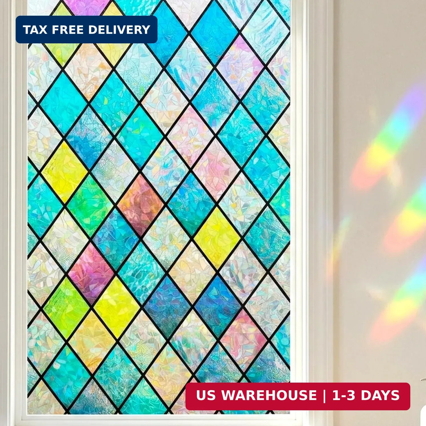 Colorful Stained Glass Window Film, Rainbow Door Privacy Films Static Cling Wind