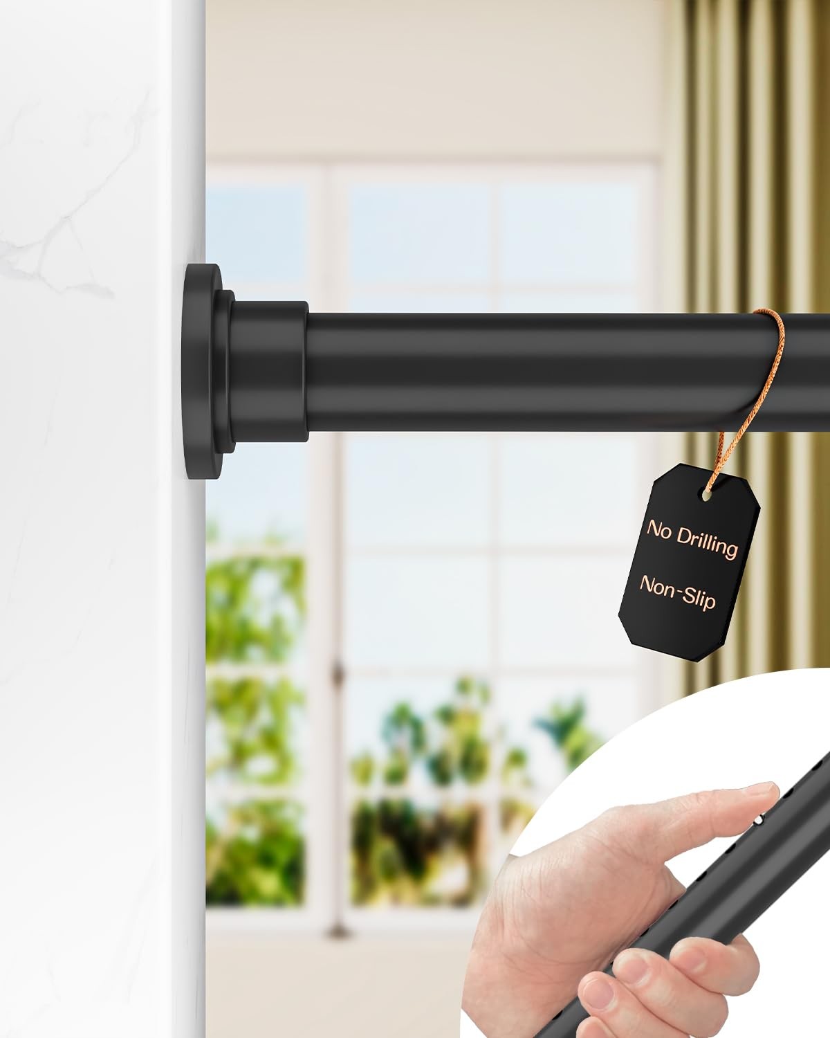 ALLZONE Heavy Duty Tension Curtain Rod 83-123″ – No Drilling, Adjustable, Black