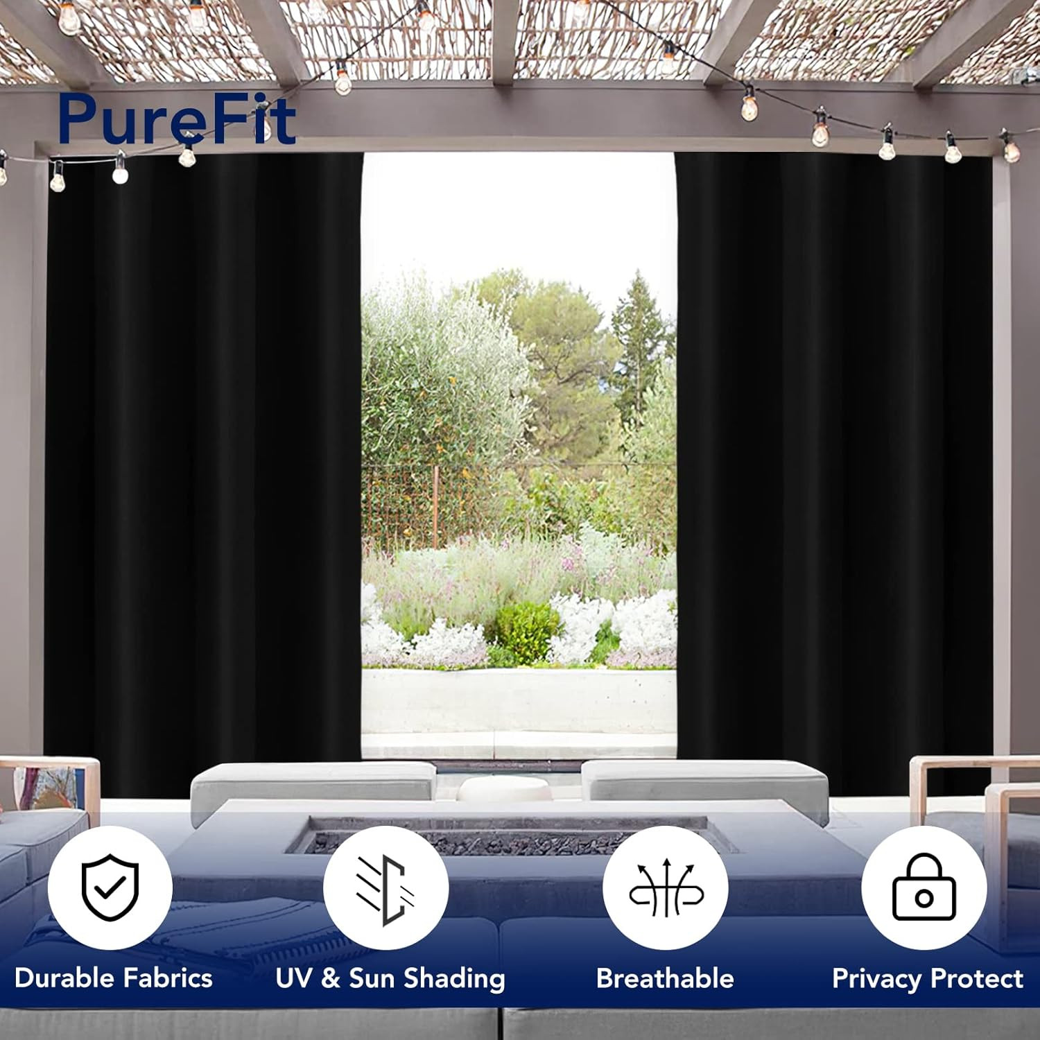 Cortinas exteriores impermeables de 52 x 84 negro 1 panel para patio gazebo