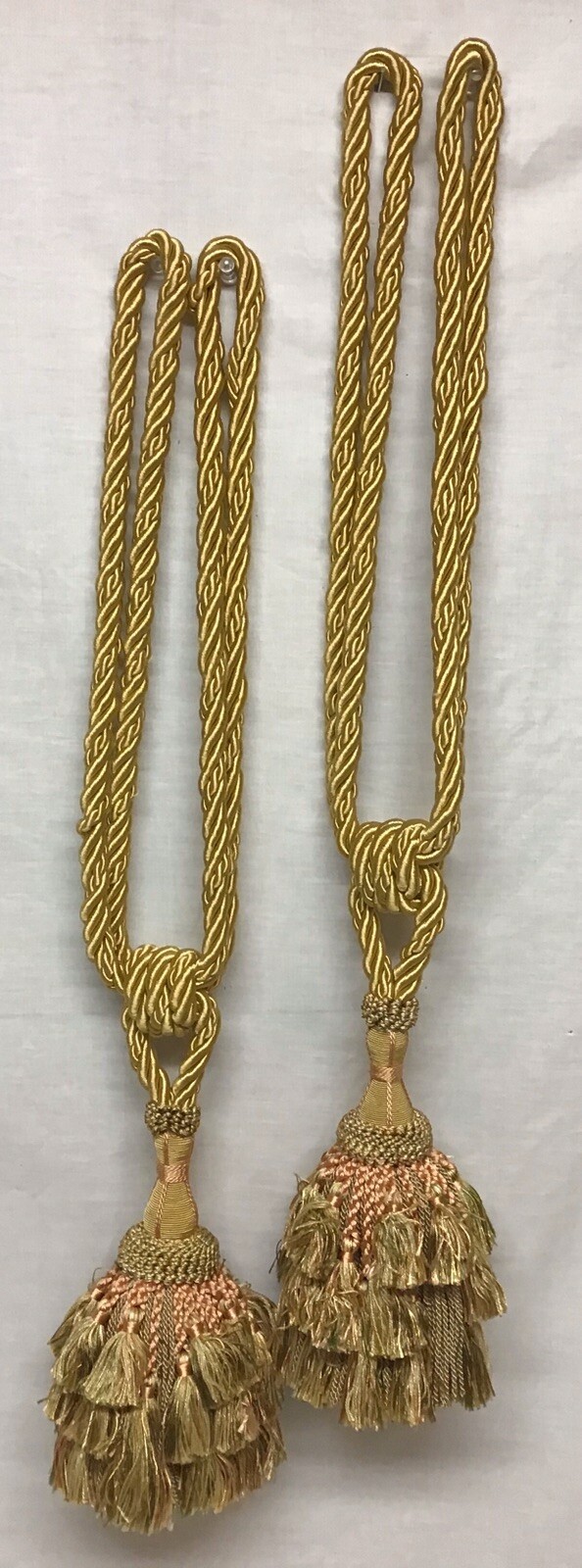 Tassel Tiebacks – Gold, Peach Green & Sage – 8.5″ Tassel – 32″ Spread – Pair