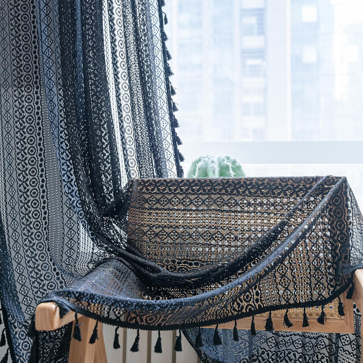 Black Boho Curtain Crochet Lace Handmade Tassels Vintage Rustic Bohemian Drape