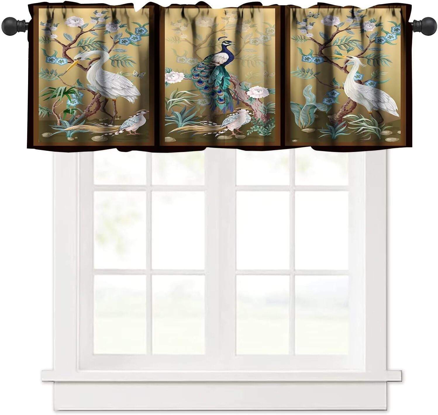 Peacock Peony Crane Window Valance,Vintage Asian Chinese Style Japanese Window V
