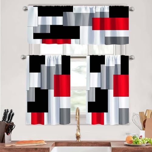 Red Thin Kitchen Curtains Tiers and 52″W x 18″L (Pack of 3) 03 Red and Black