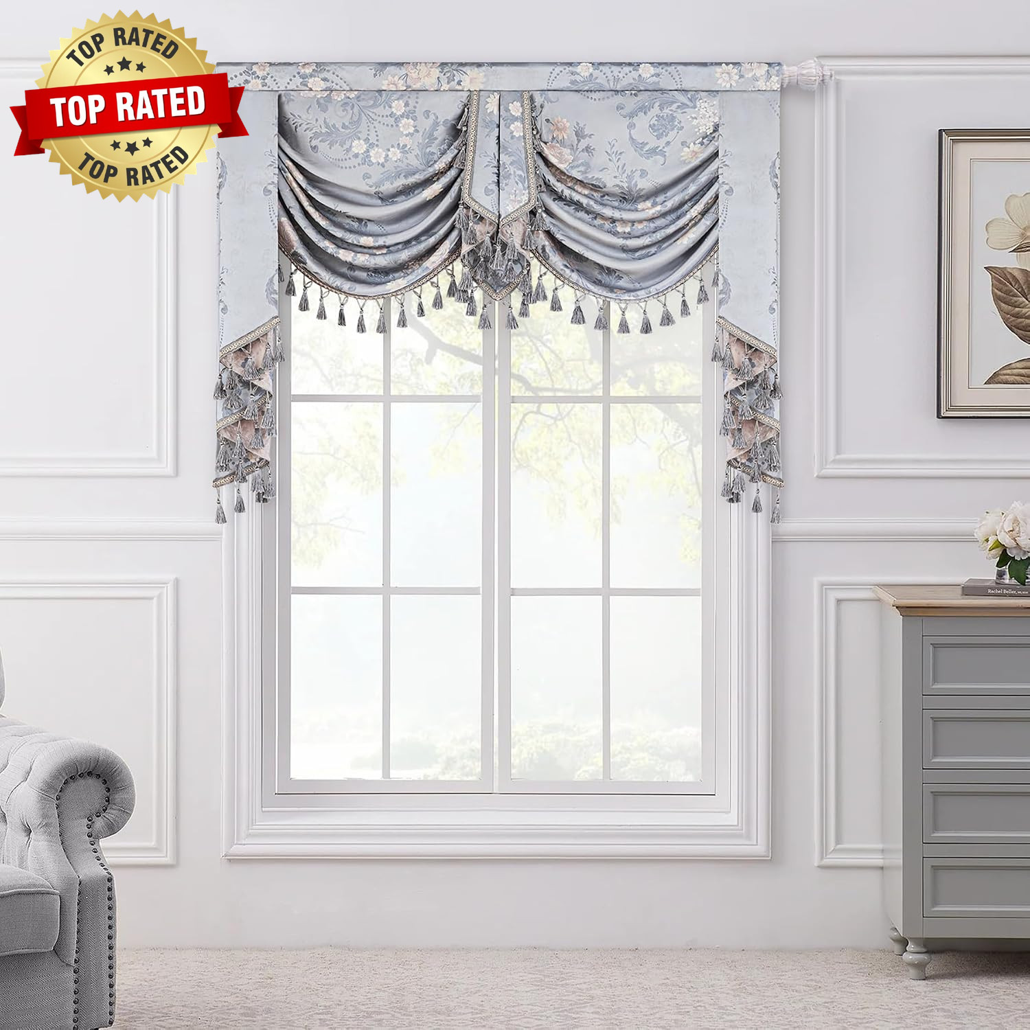 Luxury Jacquard Waterfall Valance for Living Room Bedroom, Elegant European Flor