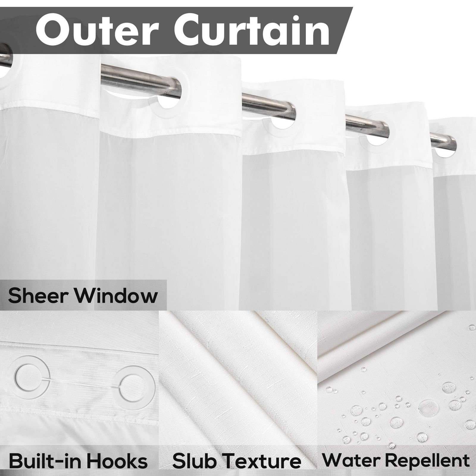 No Hook Slub Textured Shower Curtain with Snap-in PEVA Liner Set – 71″ x 74″(…