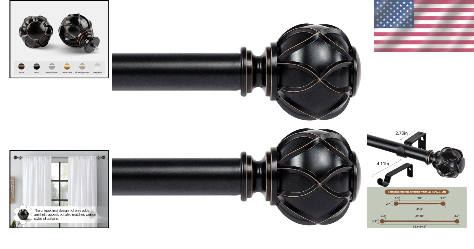 Versatile Adjustable Curtain Rods – Telescoping Design 28-48 Inches, Set of 2