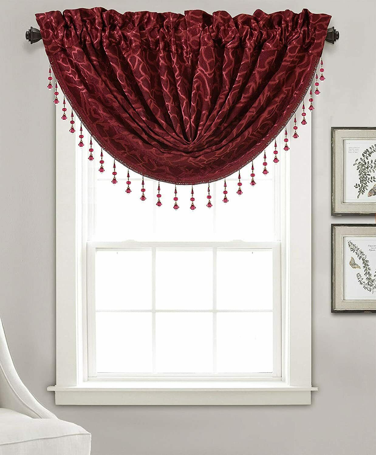Jacquard Swag Valance with Beaded Tassel Rod Pocket Top Andora 48×37 Burgundy