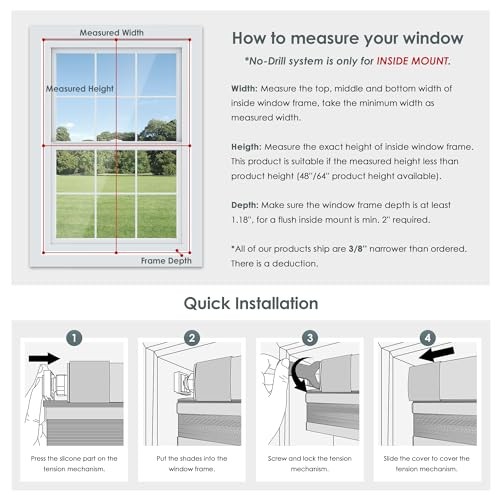 No Tools No Drill Cordless Cellular Shades, Top 35″ W x 64″ H Blackout – White