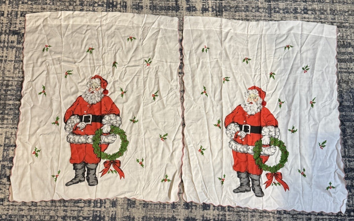 Set of 2 VTG Santa Clause Cafe Curtain Panel Christmas Rayon 27” Wide 33” Long