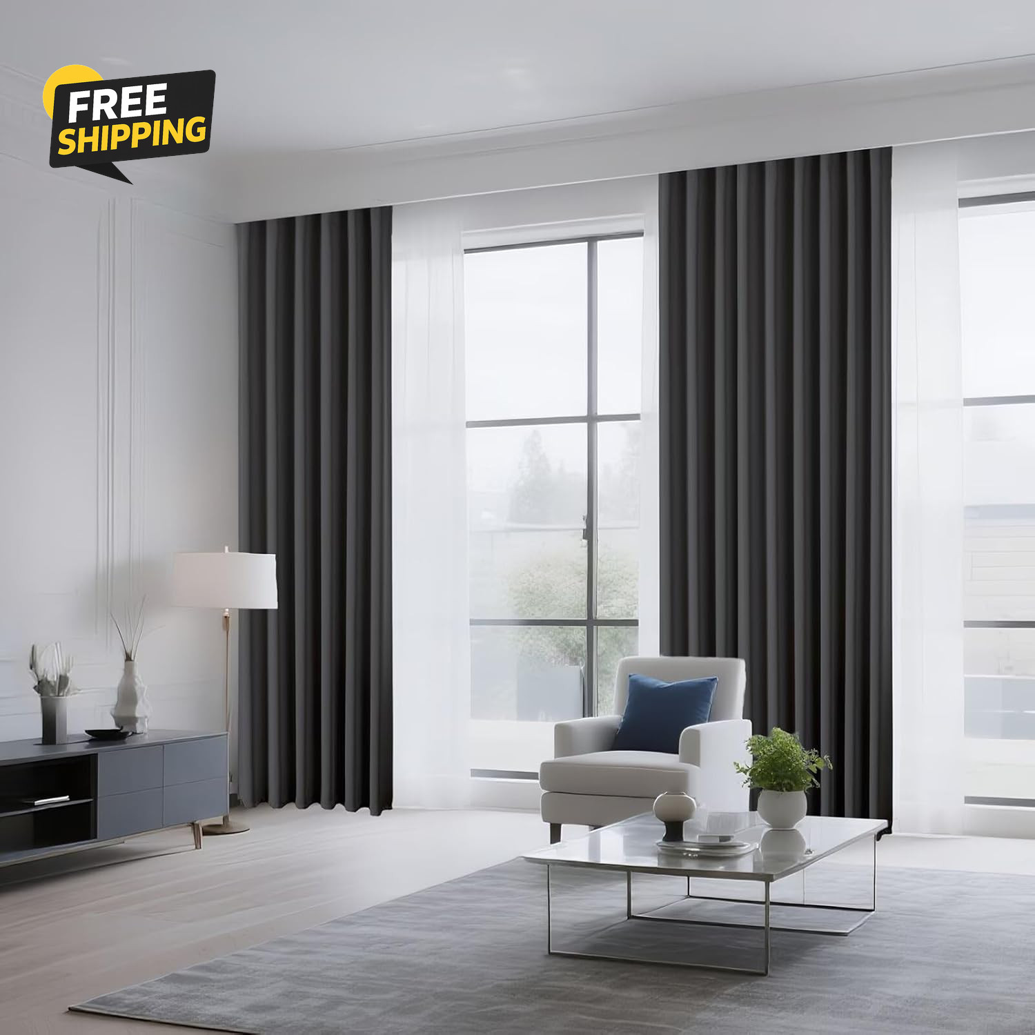 Dark Grey Blackout Curtains 54 Inch Length 2 Panels Set, Rod Pocket Room