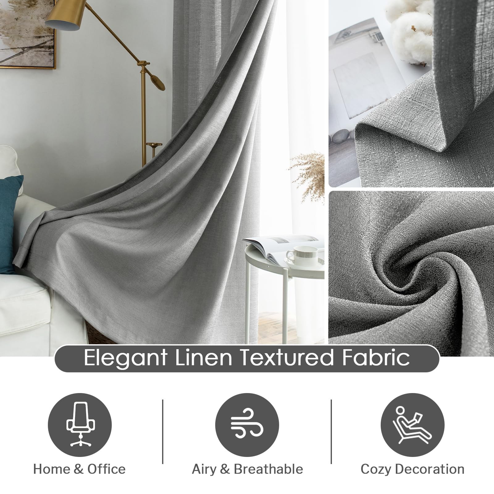Gray Semi Sheer Curtains 84 Inches Long for Living Room, Bedroom Linen Look W…