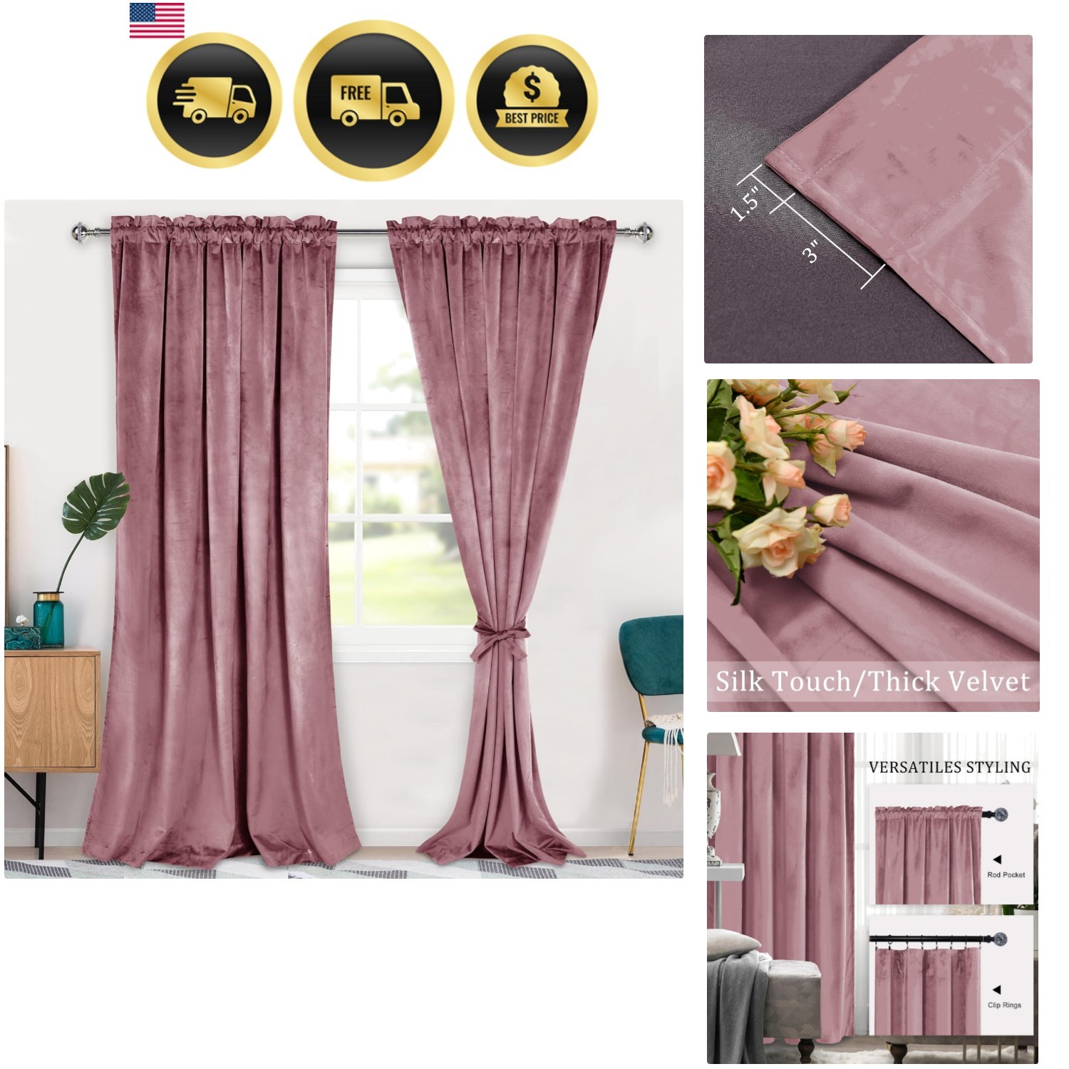 Velvet Curtains 96 inch Blackout Rod Pocket Thermal Insulated Soft Curtains R…