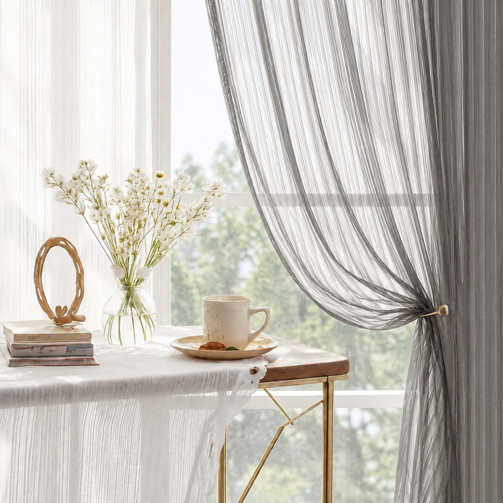 Charcoal Grey Sheer Curtains 63 Inch Length – Striped Design Soft Airy Light …