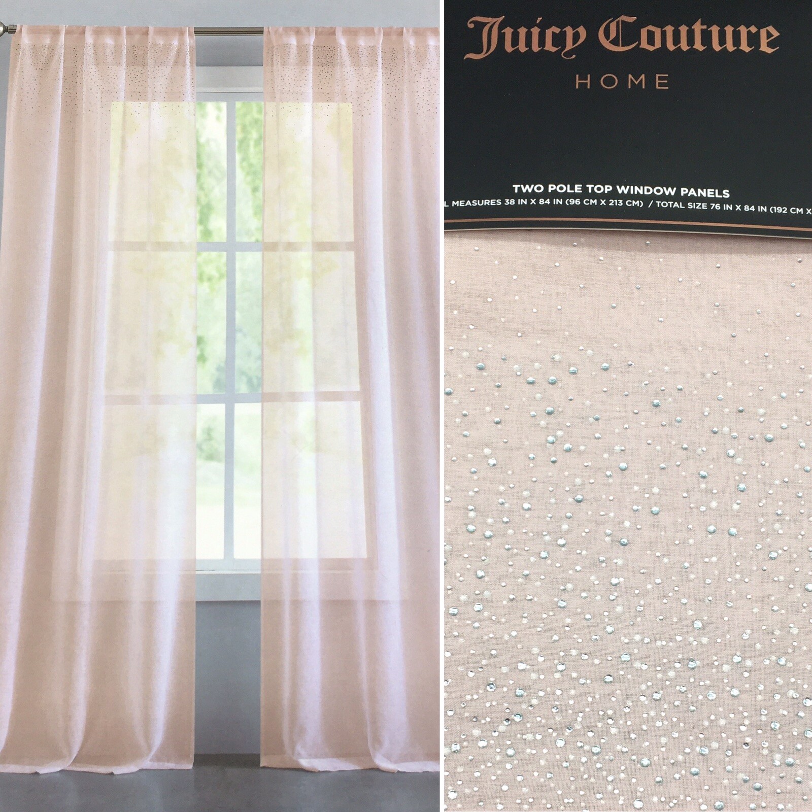 2 Juicy Couture Rhinestone Dusty Pink Mauve Sheer Window Panels Curtain 76×84