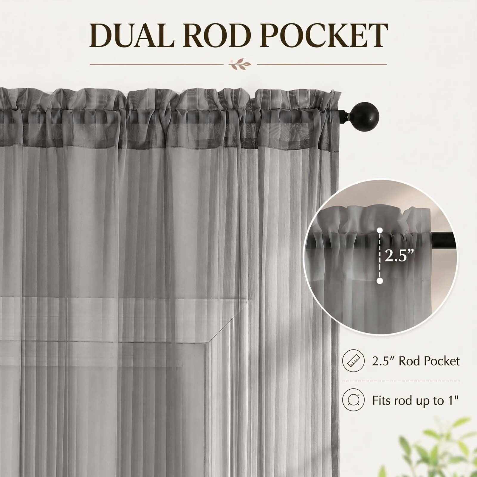 Charcoal Grey Sheer Curtains 63 Inch Length – Striped Design Soft Airy Light …