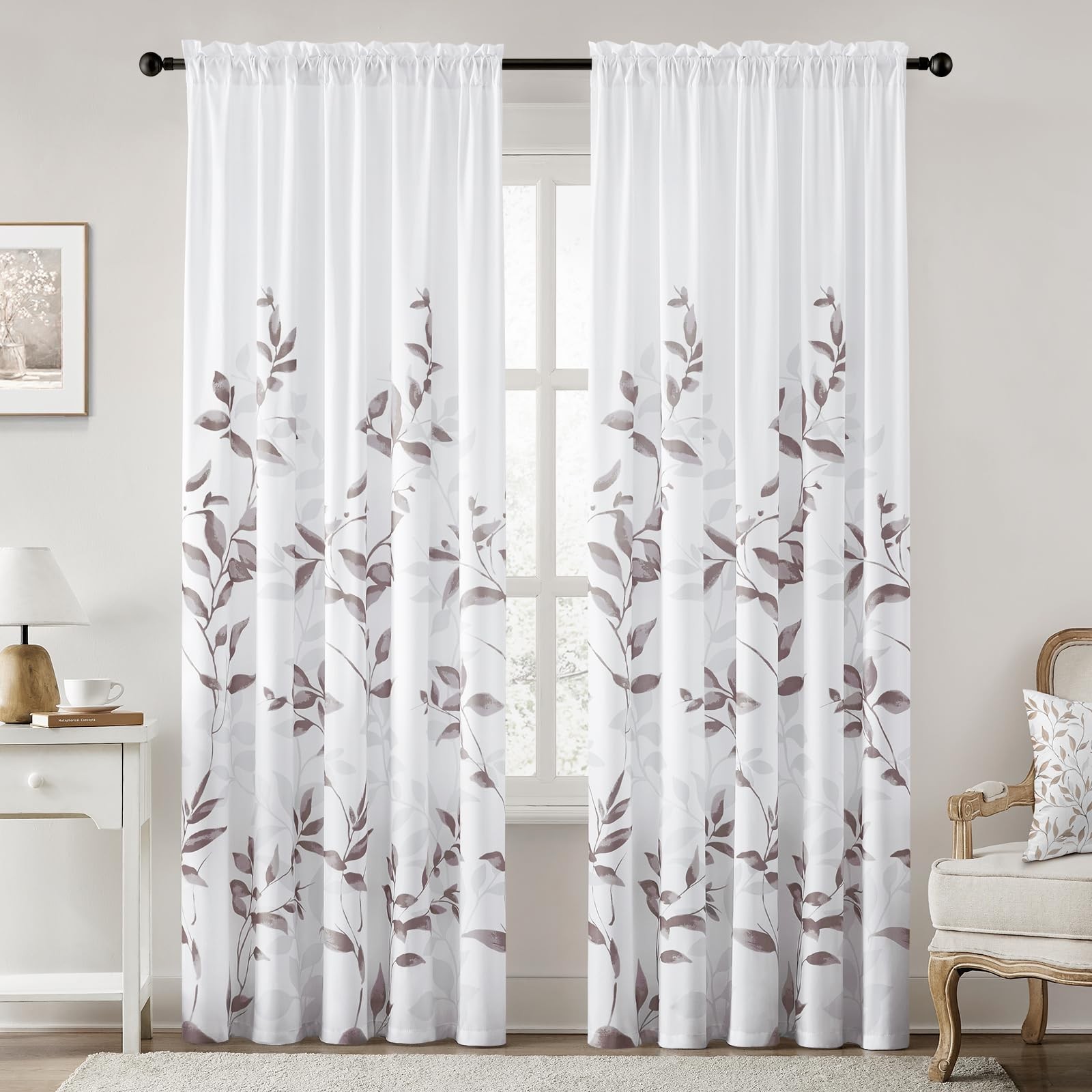 HOMEIDEAS Dry Rose White Privacy Sheer Curtains 52×96 Inch 2 Panels Non-See-Thro