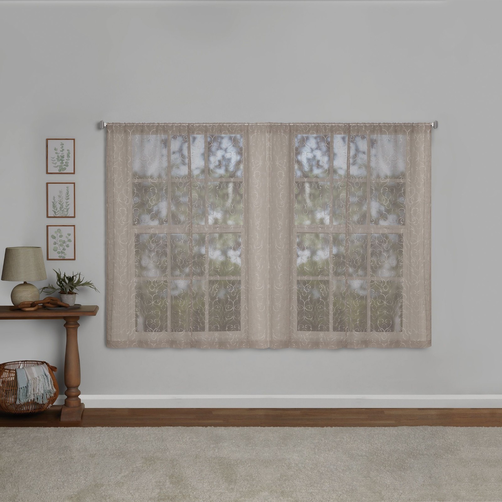 (3 pack) Modern Scroll Rod Pocket Sheer Curtains, Set of 4, Beige, 28″ W x 63″ L