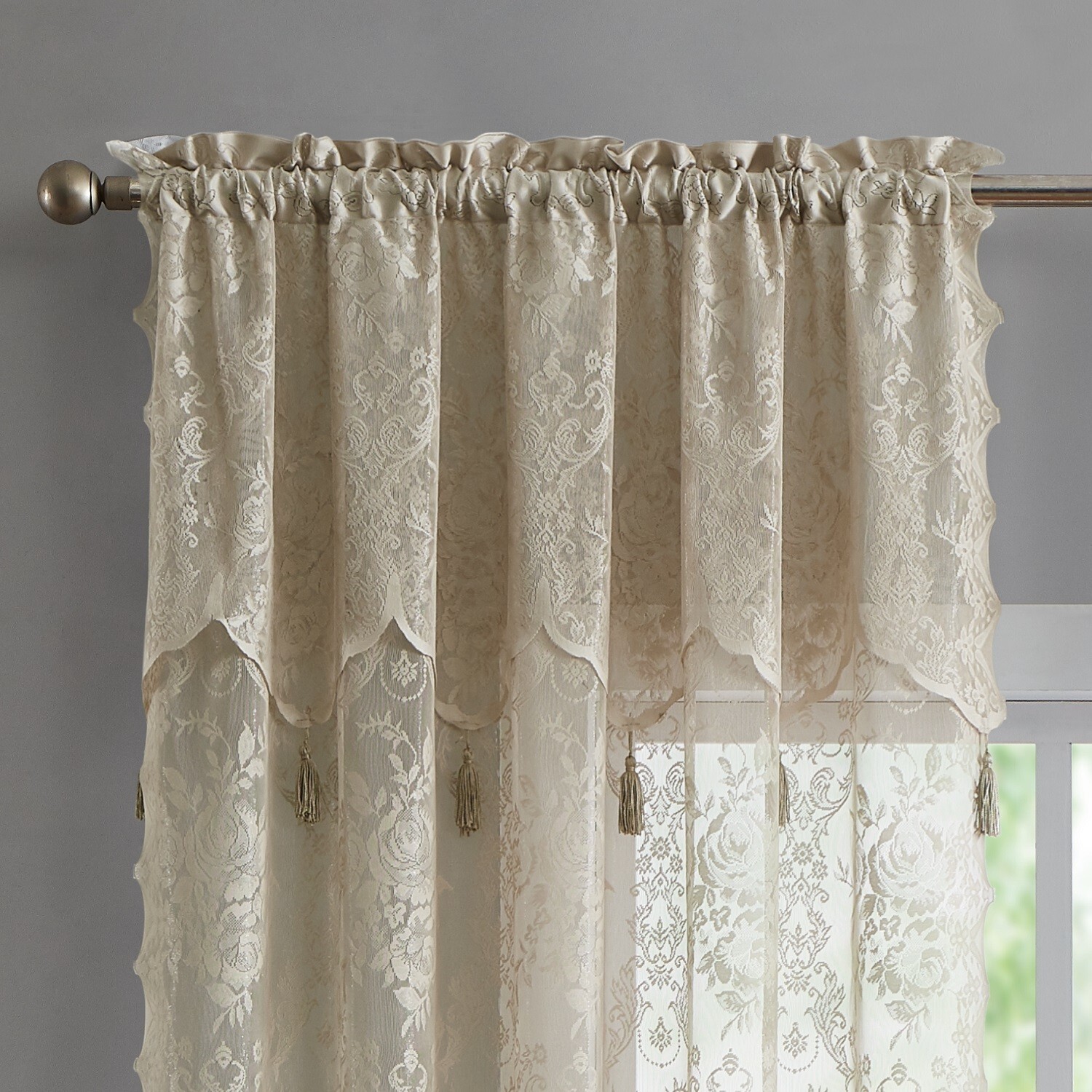 WARM HOME DESIGNS Pair of 2 Sheer Lace Curtains with Attached Valances & Tassels