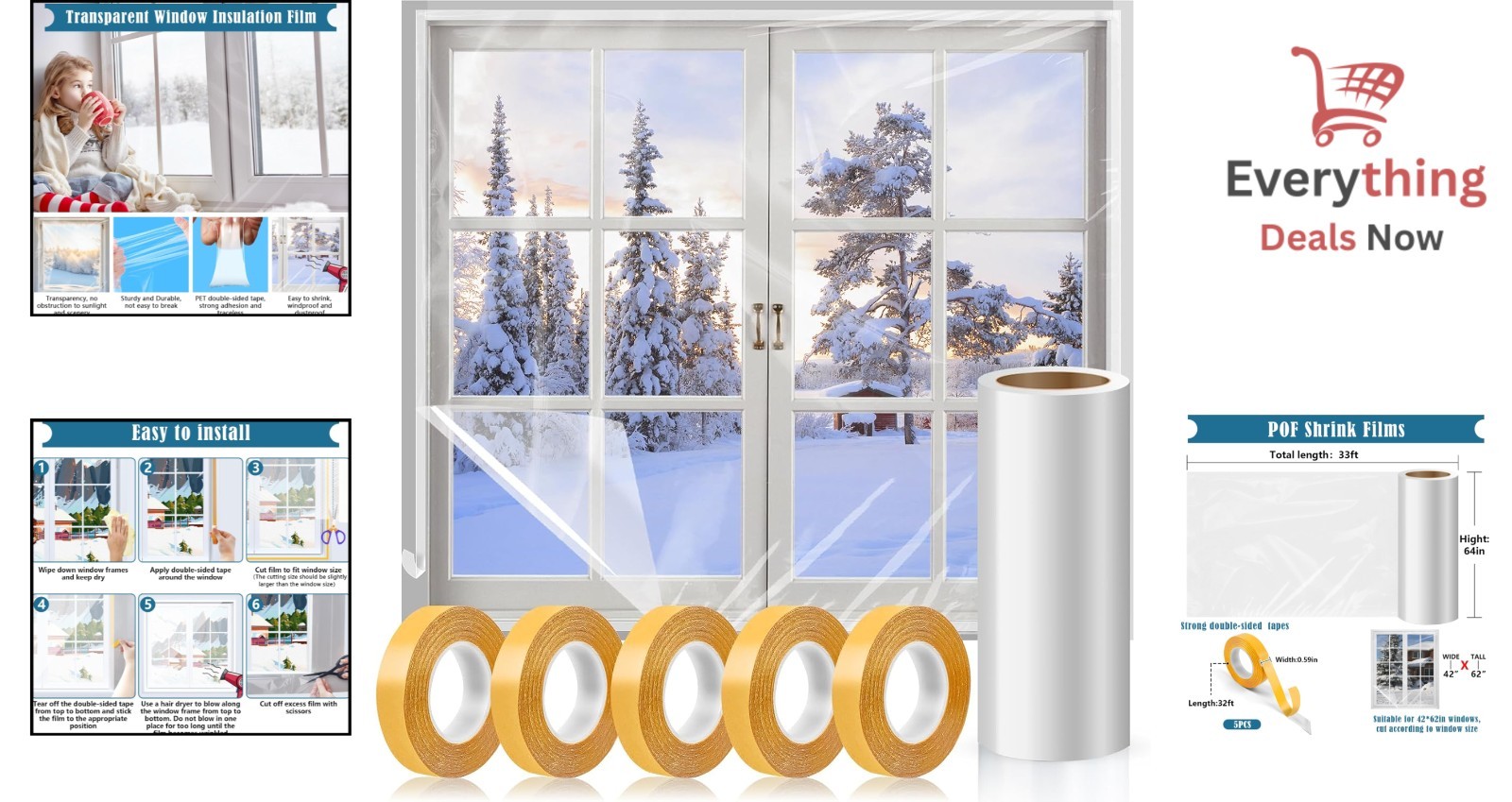 Window Insulation Kit 63 × 394 Inch Plastic Coverings for Winter Shrink Film