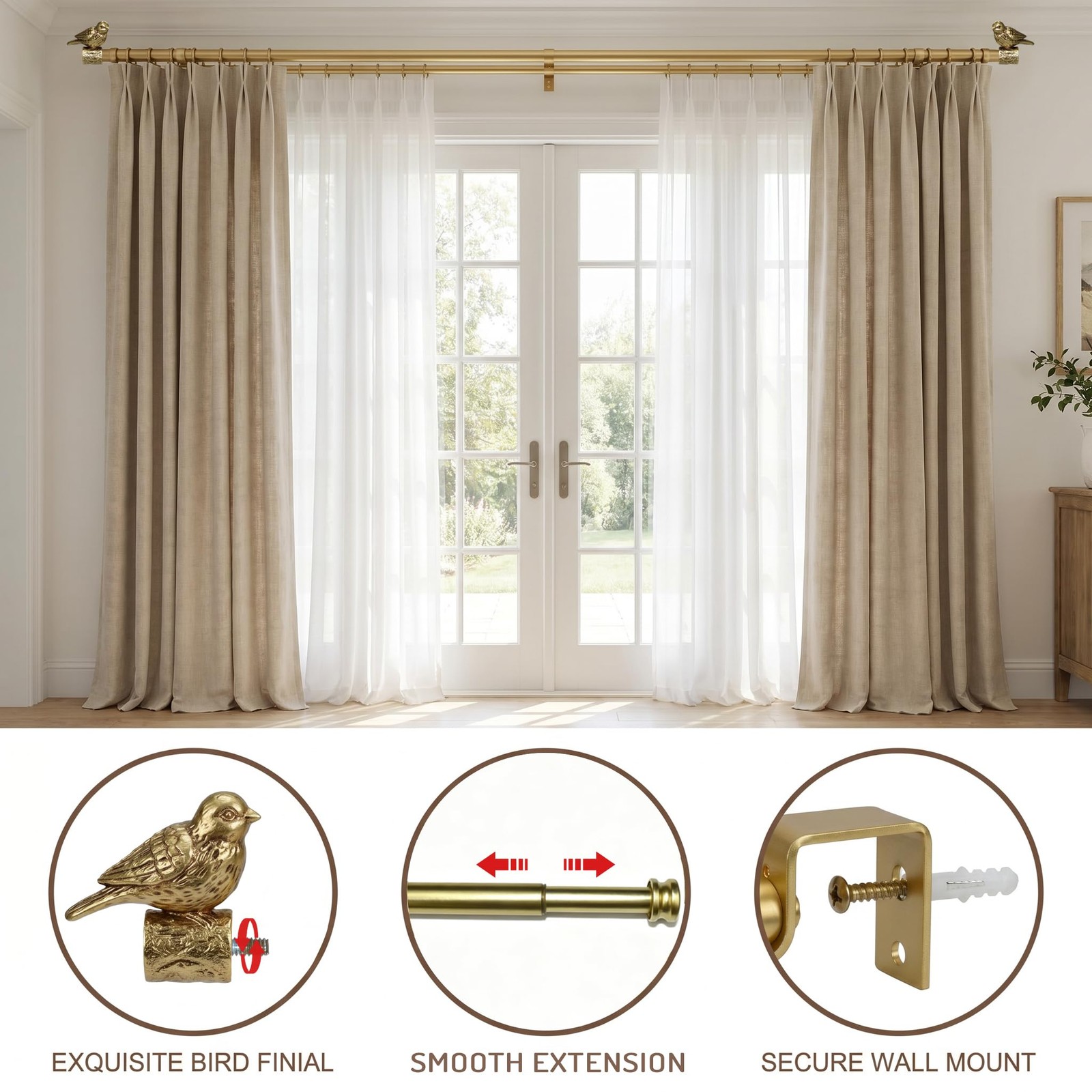 Double Curtain Rod with Bird Finial, For Window 24-68 In, Gold Drapery Rod